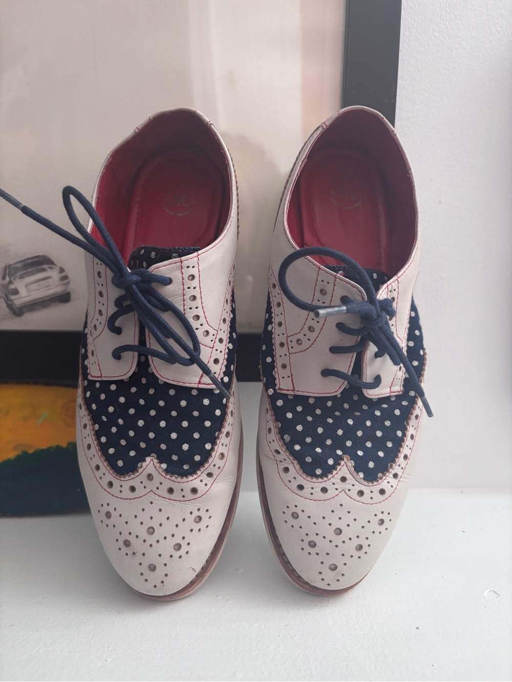 Women's Johnston & Murphy White Buck Woven Polka Dot Oxford